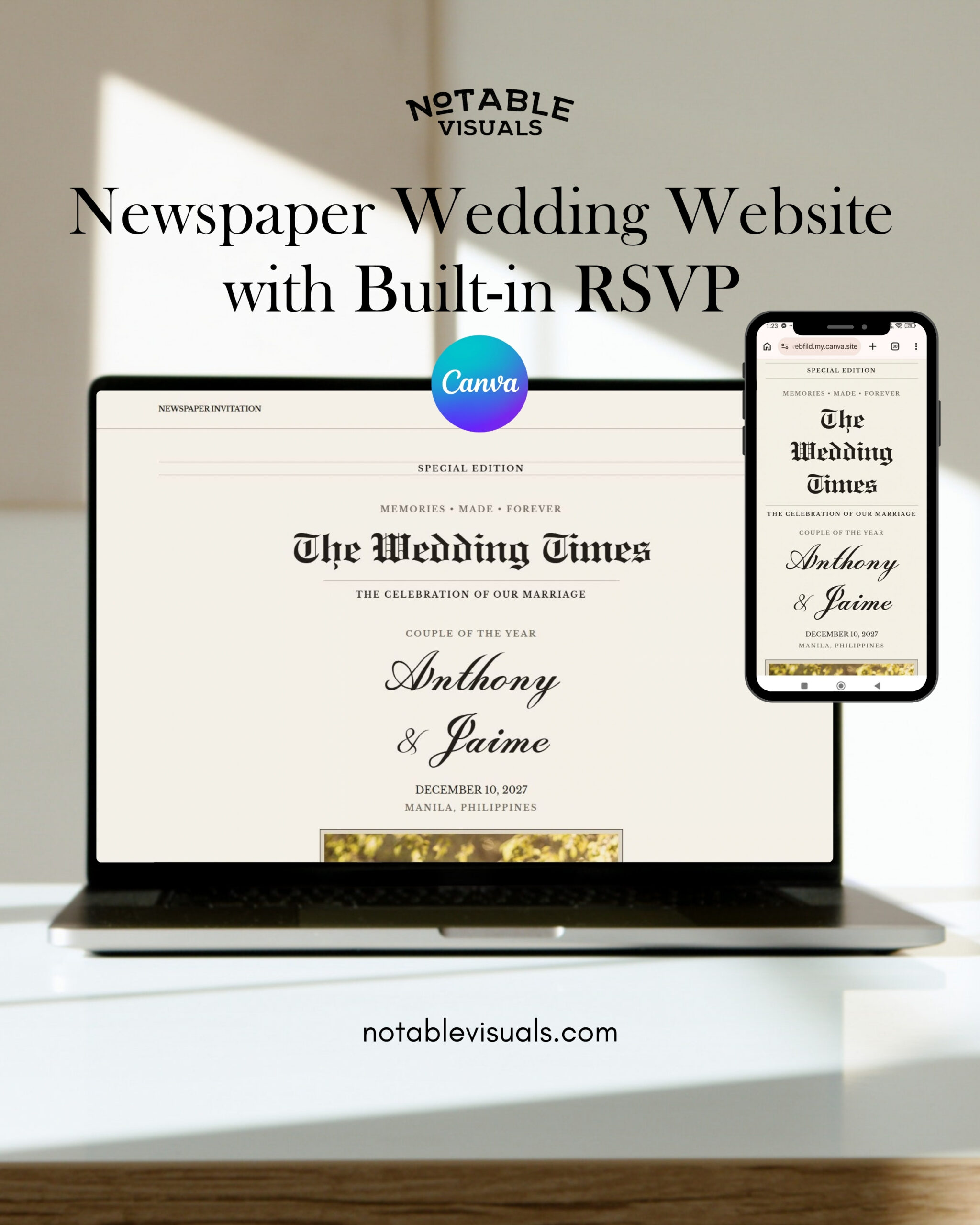 Newspaper Wedding Website Canva Template