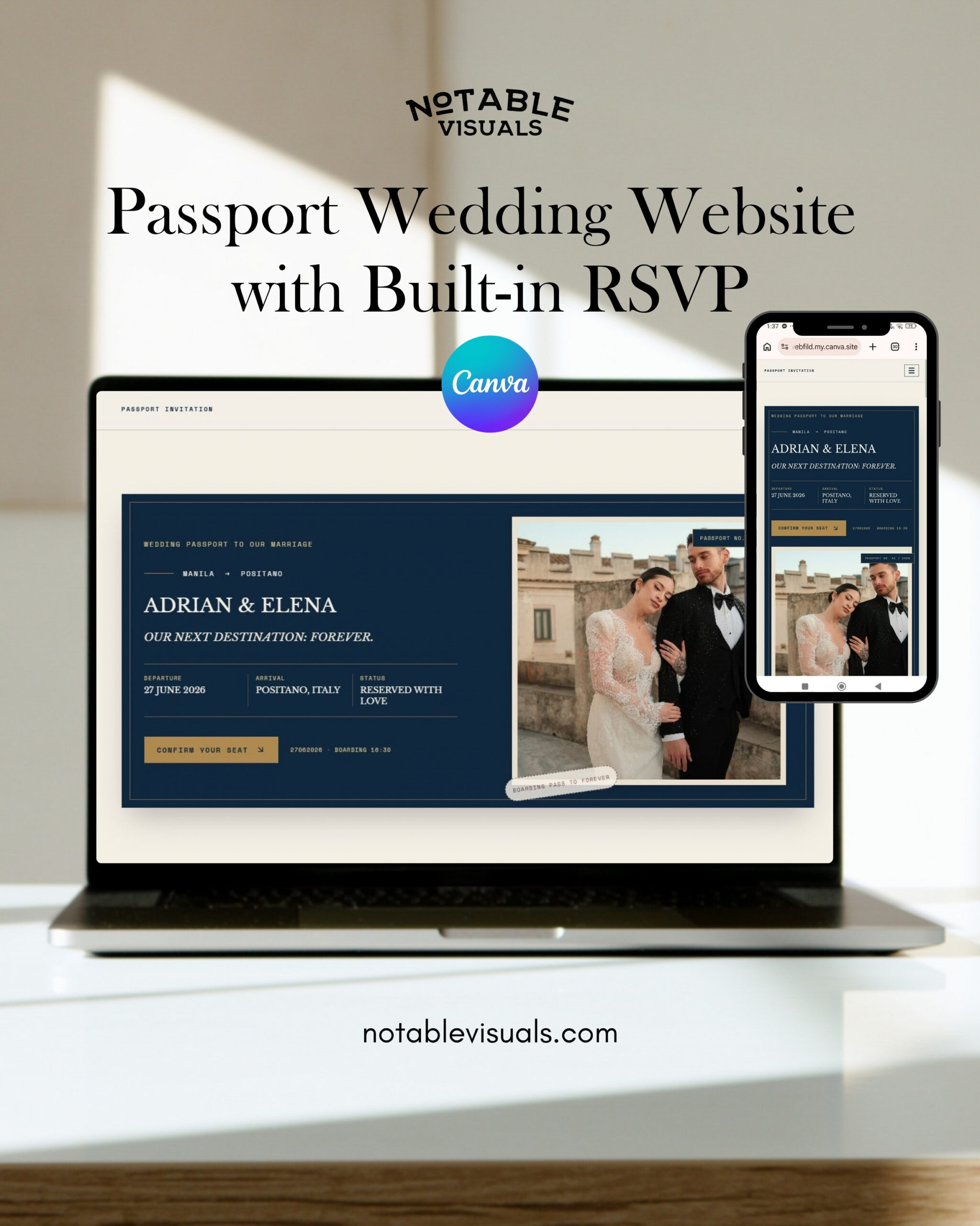 Passport Wedding Website Canva Template