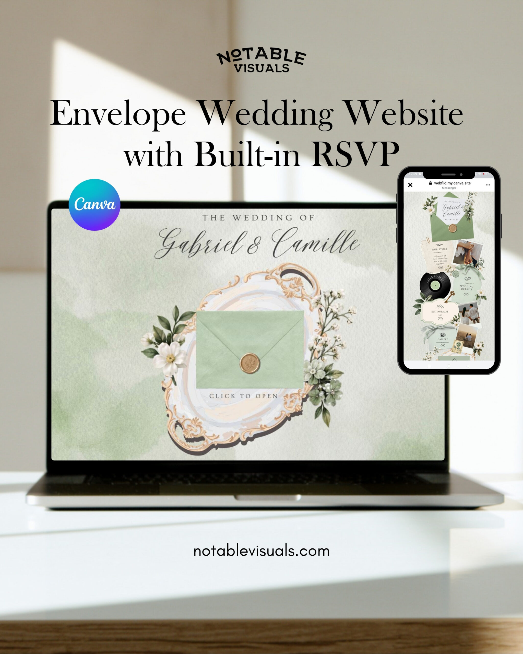 Envelope Wedding Website Template | Sage Green