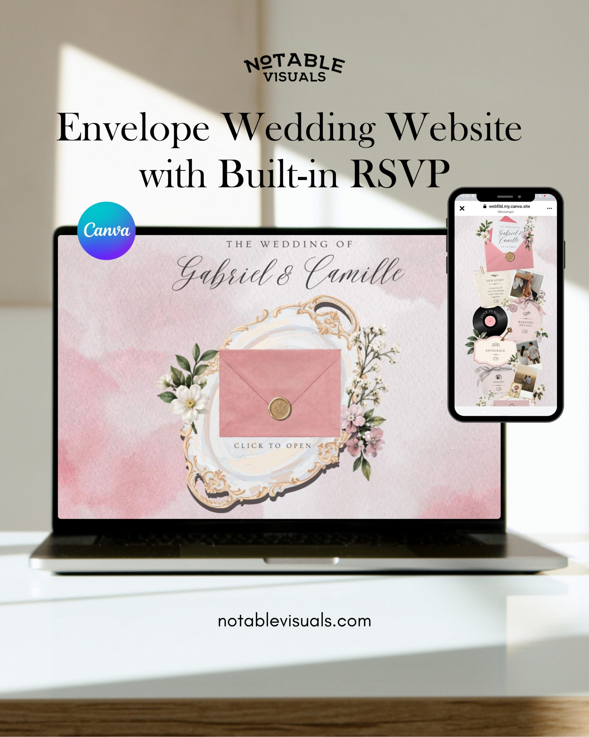 Envelope Wedding Website Template | Blush Pink