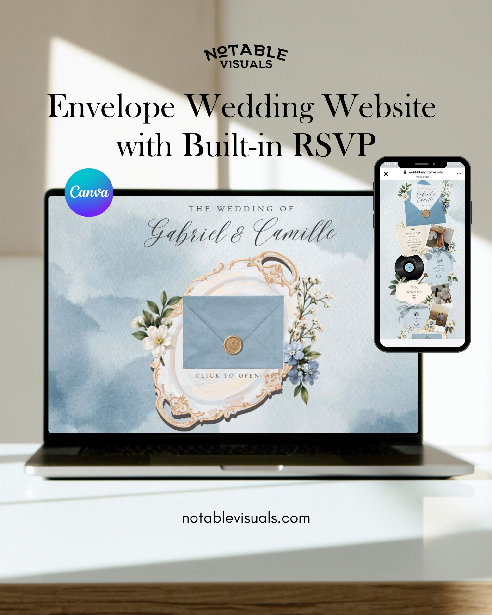 Envelope Wedding Website Template | Dusty Blue